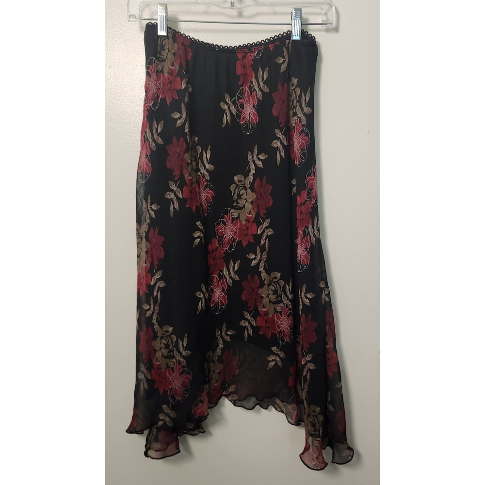 VTG BIYAYCDA Women's Mesh Asymmetrical Black Floral Skirt Medium Elastic Waist